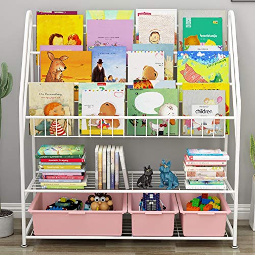 Olebes Kids Book Rack, 5 Children Sling Bookshelf, Bookcase Rack for Kid Toy Storage Organizer, Children's Display Storage Shelves for Books Toys in Study Living Room Bedroom