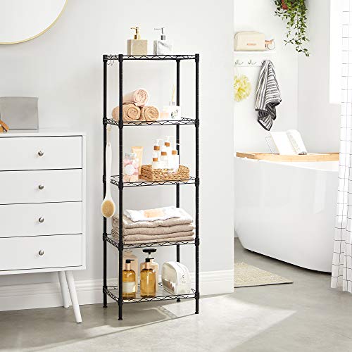 SONGMICS Kitchen Metal Shelves, 5-Tier Wire Shelving Unit with 8 Hooks, Narrow Storage Rack with PP Shelf Liners, Height-Adjustable, for Bathroom, Pantry, Black ULGR115B01