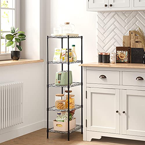 SONGMICS Kitchen Metal Shelves, 5-Tier Wire Shelving Unit with 8 Hooks, Narrow Storage Rack with PP Shelf Liners, Height-Adjustable, for Bathroom, Pantry, Black ULGR115B01