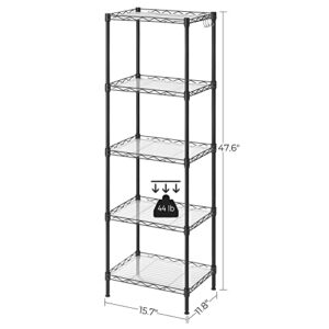 SONGMICS Kitchen Metal Shelves, 5-Tier Wire Shelving Unit with 8 Hooks, Narrow Storage Rack with PP Shelf Liners, Height-Adjustable, for Bathroom, Pantry, Black ULGR115B01