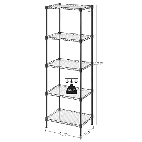 SONGMICS Kitchen Metal Shelves, 5-Tier Wire Shelving Unit with 8 Hooks, Narrow Storage Rack with PP Shelf Liners, Height-Adjustable, for Bathroom, Pantry, Black ULGR115B01