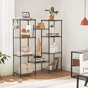 SONGMICS Kitchen Metal Shelves, 5-Tier Wire Shelving Unit with 8 Hooks, Narrow Storage Rack with PP Shelf Liners, Height-Adjustable, for Bathroom, Pantry, Black ULGR115B01