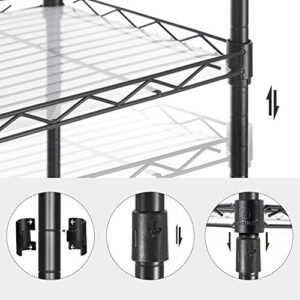 SONGMICS Kitchen Metal Shelves, 5-Tier Wire Shelving Unit with 8 Hooks, Narrow Storage Rack with PP Shelf Liners, Height-Adjustable, for Bathroom, Pantry, Black ULGR115B01