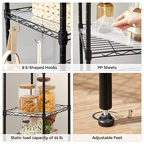 SONGMICS Kitchen Metal Shelves, 5-Tier Wire Shelving Unit with 8 Hooks, Narrow Storage Rack with PP Shelf Liners, Height-Adjustable, for Bathroom, Pantry, Black ULGR115B01