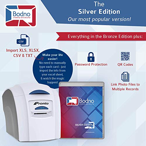 Magicard Pronto ID Card Printer & Super Supplies Package with Bodno ID Software, Camera, 300 Cards and 300 Print Ribbon - Silver Edition