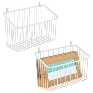 mdesign small metal wire wall mounted storage organizer basket bin for hanging in kitchen, garage, entryway, mudroom, bedroom, bathroom, laundry room - unity collection - 2 pack - white
