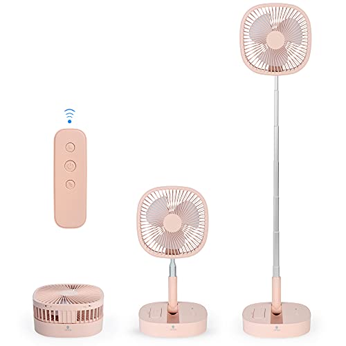 Portable Pedestal Fan - Foldaway Standing Fan Foldable Desk Fan, Wireless Use 7200Mah Rechargeable Battery, Remote Control Telescopic 4 Speed Quiet Timer Fan for Home Kitchen Outdoor Camping (Pink)