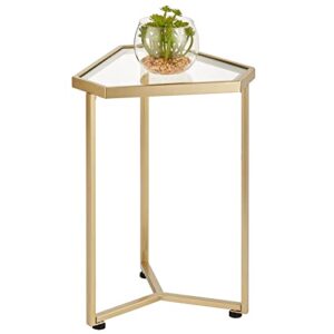 mdesign triangle metal & glass in-lay accent table - small side/end/drink table - decorative legs, glass top - home decor accent furniture for living room, bedroom - soft brass/glass
