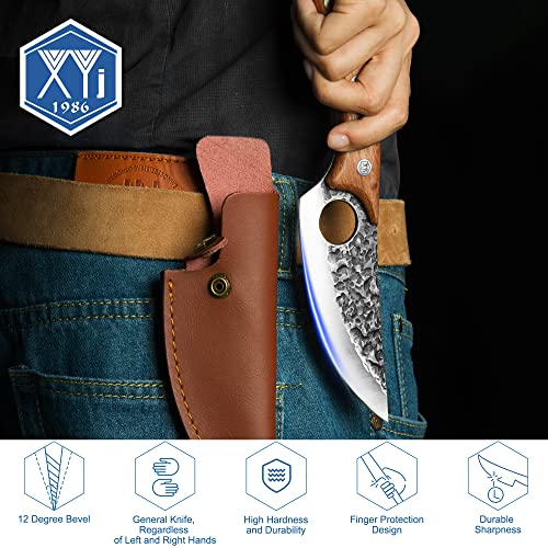 XYJ FULL TANG 6 Inch Stainless Steel Boning Knife Chef Fishing Knives Carry Leather Sheath Outdoor Cooking Knives Meat Butcher Knife For Camping Kitchen or Outdoor BBQ