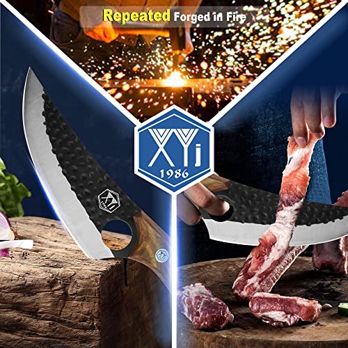 XYJ FULL TANG 6 Inch Stainless Steel Boning Knife Chef Fishing Knives Carry Leather Sheath Outdoor Cooking Knives Meat Butcher Knife For Camping Kitchen or Outdoor BBQ