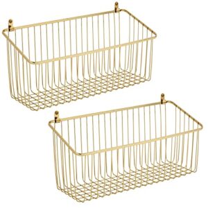 mDesign Portable Metal Farmhouse Wall Decor Angled Storage Organizer Basket Bin for Hanging in Kitchen/Pantry - Store Plastic Bags, Foils, Oils, Sandwich Bags - 2 Pack - Soft Brass