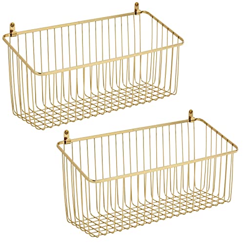 mDesign Portable Metal Farmhouse Wall Decor Angled Storage Organizer Basket Bin for Hanging in Kitchen/Pantry - Store Plastic Bags, Foils, Oils, Sandwich Bags - 2 Pack - Soft Brass