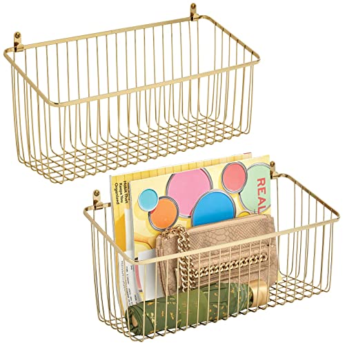 mDesign Portable Metal Farmhouse Wall Decor Angled Storage Organizer Basket Bin for Hanging in Kitchen/Pantry - Store Plastic Bags, Foils, Oils, Sandwich Bags - 2 Pack - Soft Brass