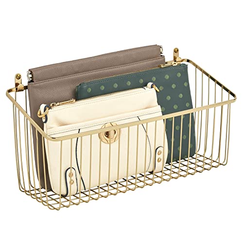 mDesign Portable Metal Farmhouse Wall Decor Angled Storage Organizer Basket Bin for Hanging in Kitchen/Pantry - Store Plastic Bags, Foils, Oils, Sandwich Bags - 2 Pack - Soft Brass