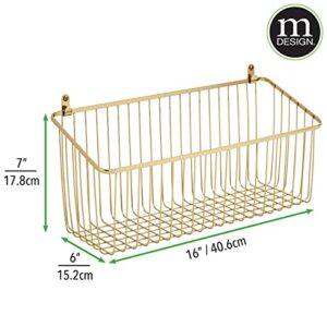 mDesign Portable Metal Farmhouse Wall Decor Angled Storage Organizer Basket Bin for Hanging in Kitchen/Pantry - Store Plastic Bags, Foils, Oils, Sandwich Bags - 2 Pack - Soft Brass