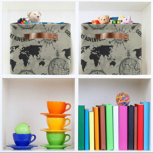 Storage Basket Cube Nautical Compass World Map Large Collapsible Toys Storage Box Bin Laundry Organizer for Closet Shelf Nursery Kids Bedroom,15x11x9.5 in,1 Pack