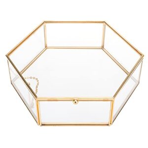 highfree glass vintage jewelry box, hexagon golden geometric ring display jewelry organizer, keepsake case bracelet ring display box for storage trinket, ring, earring (large - 8.7x7.5x2.4inch)