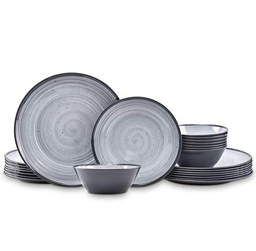 Joviton Home 24-Piece Swirl Grey Melamine Plastic Dinnerware Sets for 8, Plates and Bowls Sets (Cool Grey)