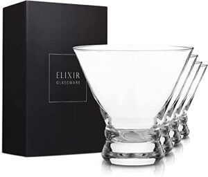 elixir glassware stemless martini glasses set of 4 - hand blown crystal martini glasses - elegant cocktail glasses for bar, martini, cosmopolitan, manhattan, gimlet, pisco sour 9oz, clear