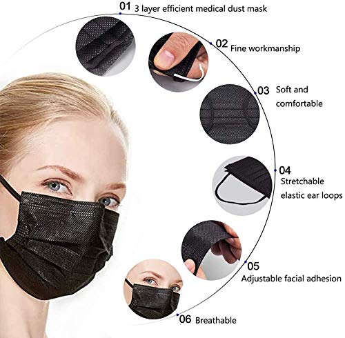 SHOOTUP 100 Pack 3 Ply Black Disposable Face Masks, Adult Women Men 3 Layers Breathable Masks, Dust-proof