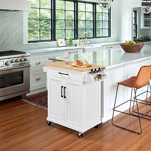 Yaheetech Kitchen Cart with Spice Rack Towel Holder, Kitchen Island with Drawer for Dining Room Kitchen Living Room, White