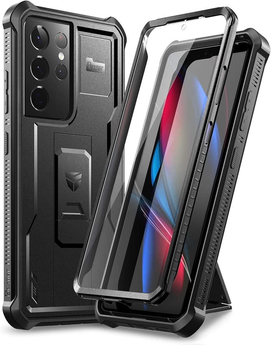 Dexnor for Samsung Galaxy S21 Ultra Case, [Built in Screen Protector and Kickstand] Heavy Duty Military Grade Protection Shockproof Protective Cover for Samsung Galaxy S21 Ultra 5G, 6.8 inch Black