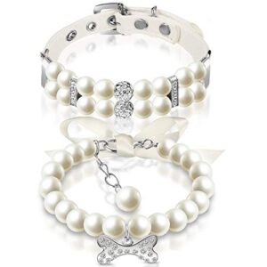 hicarer 2 pieces small dog cat pearl collars and pet pearl necklace set cute fashion pet pu leather collars necklace with crystal rhinestone for dogs cats puppy kitten wedding birthday party (s)