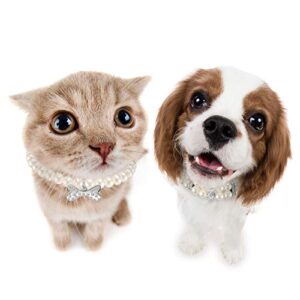 Hicarer 2 Pieces Small Dog Cat Pearl Collars and PET Pearl Necklace Set Cute Fashion PET Pu Leather Collars Necklace with Crystal Rhinestone for Dogs Cats Puppy Kitten Wedding Birthday Party (S)