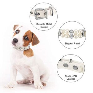 Hicarer 2 Pieces Small Dog Cat Pearl Collars and PET Pearl Necklace Set Cute Fashion PET Pu Leather Collars Necklace with Crystal Rhinestone for Dogs Cats Puppy Kitten Wedding Birthday Party (S)