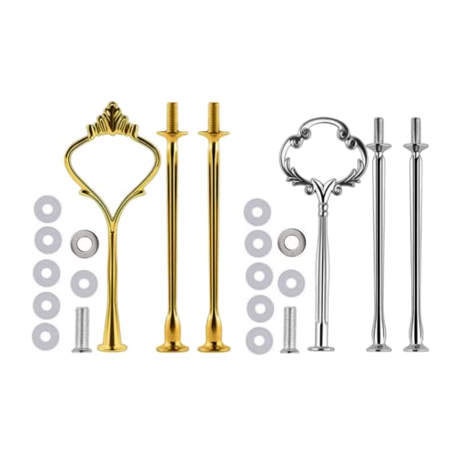 2 Sets of 3 Tier Cake Plate Stand Handle, Metal Fruit Cake Cupcake Plate Stand Handle Fitting Hardware (Sun Flower,Crown Fittings, Golden+Siver)