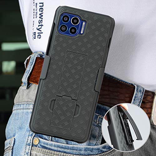 Case with Clip for Moto One 5G, Nakedcellphone [Black Tread] Kickstand Cover with [Rotating/Ratchet] Belt Hip Holster Combo for Motorola Moto One 5G Phone (XT2075)