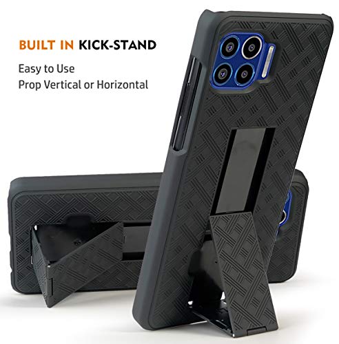 Case with Clip for Moto One 5G, Nakedcellphone [Black Tread] Kickstand Cover with [Rotating/Ratchet] Belt Hip Holster Combo for Motorola Moto One 5G Phone (XT2075)