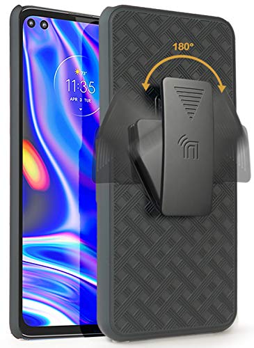 Case with Clip for Moto One 5G, Nakedcellphone [Black Tread] Kickstand Cover with [Rotating/Ratchet] Belt Hip Holster Combo for Motorola Moto One 5G Phone (XT2075)