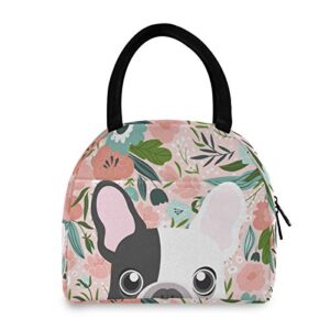 yigee french bulldog floral dog lunch bag tote bag, insulated organizer zippered lunch box lunchbox lunch container handbag for women men home office picnic beach use