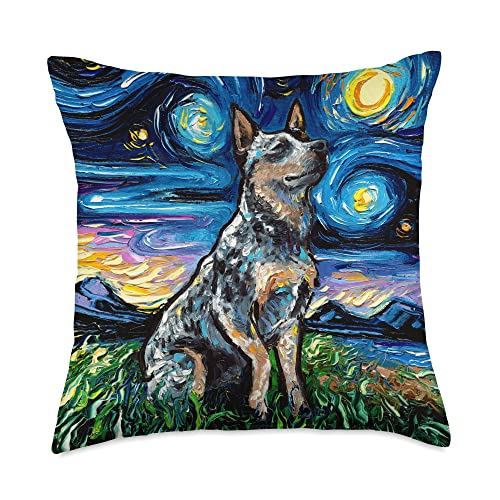 Sagittarius Gallery Blue Heeler Starry Night Australian Cattle Dog Art by Aja Throw Pillow, 18x18, Multicolor