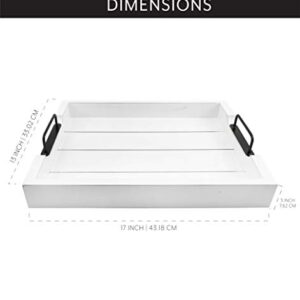 AuldHome Rustic Wood Serving Tray; White Wooden Farmhouse Shiplap Decorative Ottoman Tray with Black Metal Handles, 17 x 13 Inches