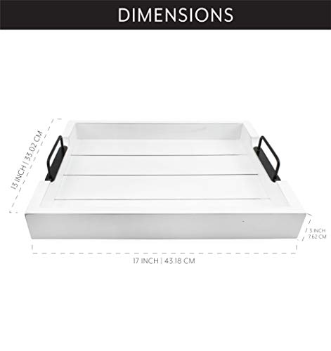 AuldHome Rustic Wood Serving Tray; White Wooden Farmhouse Shiplap Decorative Ottoman Tray with Black Metal Handles, 17 x 13 Inches