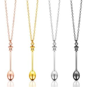 4 pieces spoon necklace teaspoon pendant necklace crown teaspoon mini spoon for filling vials with salts, sand, glitter with necklace loop pendant (gold, silver, rose gold, black)