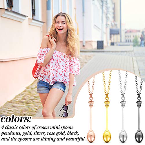 4 Pieces Spoon Necklace Teaspoon Pendant Necklace Crown Teaspoon Mini Spoon for Filling Vials with Salts, Sand, Glitter with Necklace Loop Pendant (Gold, Silver, Rose Gold, Black)
