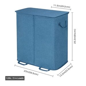 Lifewit Double Laundry Hamper with Lid and Removable Laundry Bags, Large Collapsible 2 Dividers Dirty Clothes Basket with Handles for Bedroom, Laundry Room, Closet, Bathroom, College, Grey and Blue