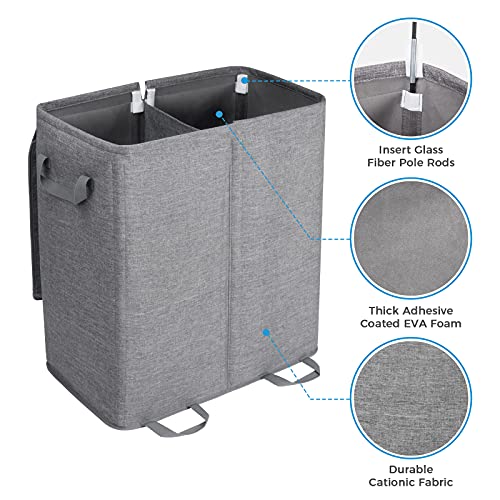 Lifewit Double Laundry Hamper with Lid and Removable Laundry Bags, Large Collapsible 2 Dividers Dirty Clothes Basket with Handles for Bedroom, Laundry Room, Closet, Bathroom, College, Grey and Blue