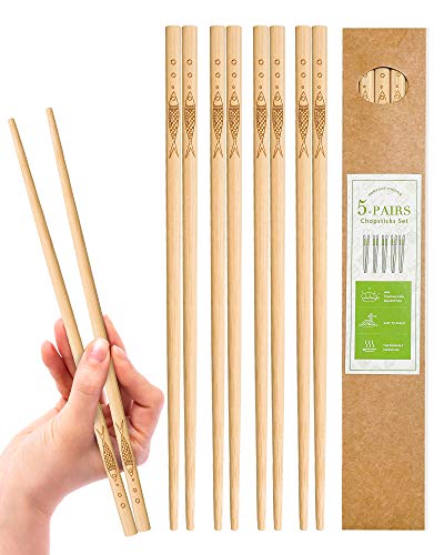 YUNDUOJIA 5 pairs of bamboo chopsticks can be reused, classic healthy high-quality natural bamboo chopsticks, can be washed in the dishwasher, 9.8 inches / 25 cm, (pattern: more than every year)