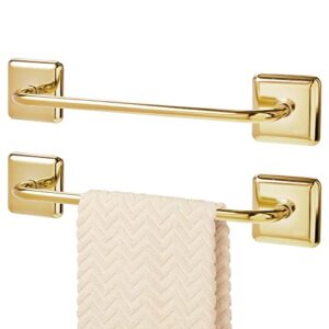 mdesign stainless adhesive towel holder - space saving rack/bar for bathroom wall, door, or cabinet - holds washcloths, hand and face towels - unity collection - 2 pack - soft brass