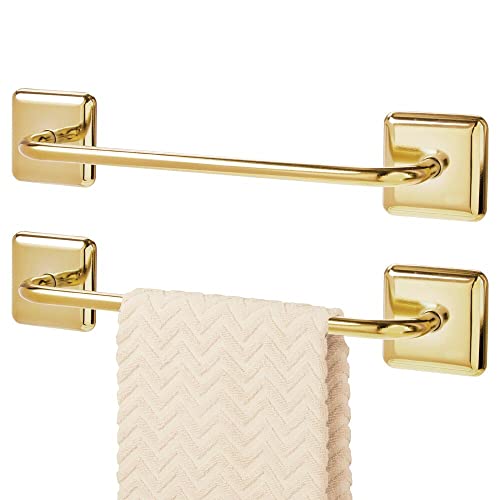 mDesign Stainless Adhesive Towel Holder - Space Saving Rack/Bar for Bathroom Wall, Door, or Cabinet - Holds Washcloths, Hand and Face Towels - Unity Collection - 2 Pack - Soft Brass