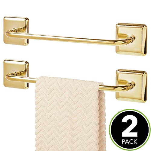 mDesign Stainless Adhesive Towel Holder - Space Saving Rack/Bar for Bathroom Wall, Door, or Cabinet - Holds Washcloths, Hand and Face Towels - Unity Collection - 2 Pack - Soft Brass