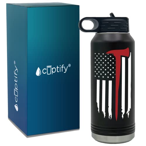 Firefighter Gift for Men 32 oz Water ﻿Bottle Distressed Thin Red Line Flag Axe for Fireman Stainless Steel Fire Department Sport Bottle