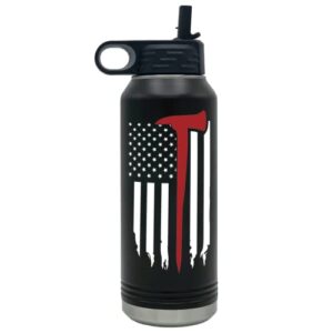 Firefighter Gift for Men 32 oz Water ﻿Bottle Distressed Thin Red Line Flag Axe for Fireman Stainless Steel Fire Department Sport Bottle