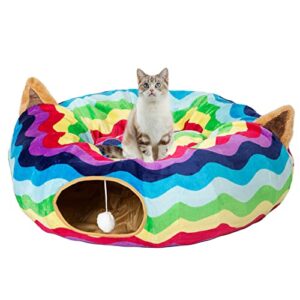 luckitty large cat tunnel bed with plush cover,fluffy toy balls, small cushion and flexible design- 10 inch diameter, 3 ft length- great for cats, and small dogs, rainbow wave color