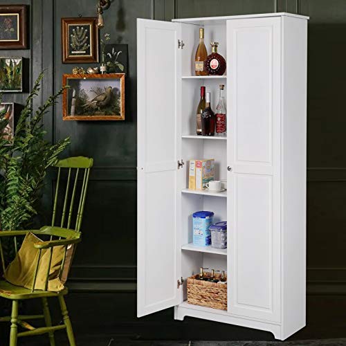 VINGLI White Pantry Cabinet, Tall Kitchen Pantry Storage Cabinet, Freestanding Pantry Cupboard, 2 Door Pantry for Laundry Room, Kitchen, Apartment