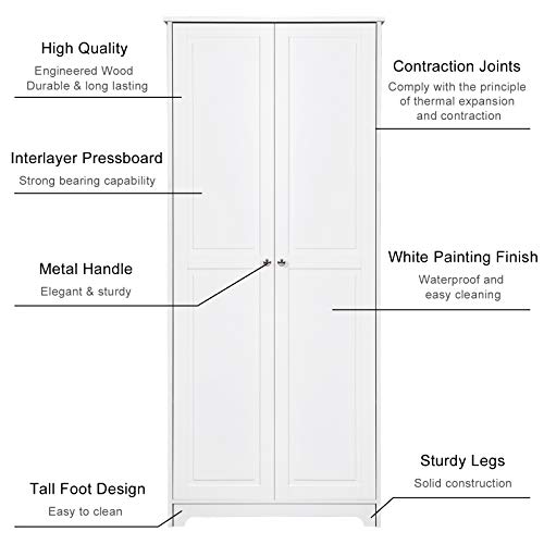 VINGLI White Pantry Cabinet, Tall Kitchen Pantry Storage Cabinet, Freestanding Pantry Cupboard, 2 Door Pantry for Laundry Room, Kitchen, Apartment